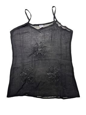 Surface Black Crinkled Sheer Floral Embroidered Cami Tank Size Small